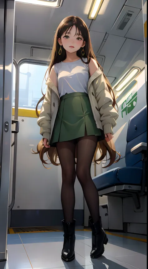 ((preteen)), Eight-headed Beautiful Girl, Freckles on her face, Light green eyes, Large earrings, White T-shirt, Jacket, Mini skirt, Black tights, heel boots, Full body, Shot from below, Very light skin , Very long hair, Wavy Hair , Busy subway car, Photor...
