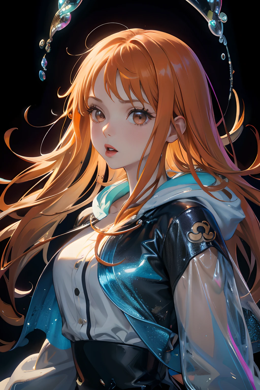 Official art, Unity 8k Wallpapers, ultra-detailliert, Beautifully Aesthetic, ​masterpiece, top-quality, realisitic, a closeup, Skindentation, interface, A detailed eye, A detailed face, detailed hairs, black backgrounds, straight-on, looking at the viewers, The sheen, Anime, looking at viewer with a cigarette in her mouth, highly detailed with reflections transparent iridescent opaque jacket, Long transparent iridescent RGB hair, 1girl in, Solo, fronds, Long hair, Blurry, Shirt,  Parted lips, Outdoors, Floating hair, Long sleeves, White shirt, Bangs, Upper body, Open mouth, tusk, Brown eyes, Wind, Winters，Yuki，snowscape，Blurry background, day, depth of fields, bug, onepiece，Nami，an orange，orange color hair