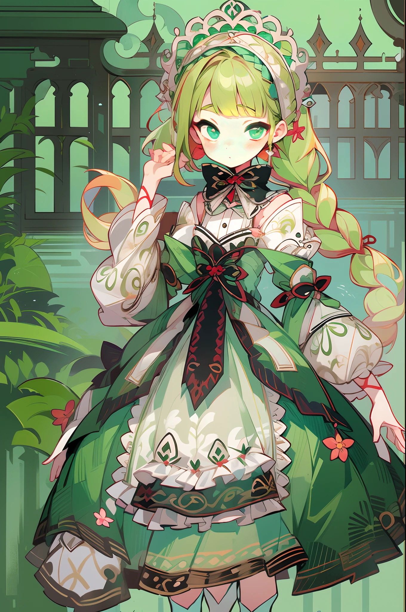 (1 Gothic Lolita), (standing full-body), (Full body standing painting), 1 Princess，(standing full-body)，solo, BJD dolls, Blush, long  skirt，character  design, fanciful, alice in the wonderland, Gothic Lolita red dress, Green high socks, White flowers, ((red colour)), Blonde hair, Short hair, Double up braid, tmasterpiece, top Quority，best qualtiy，Ultra-high resolution，Exquisite facial features,