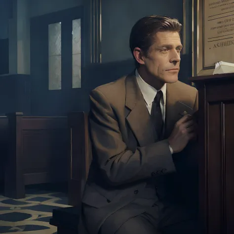 there's a man in a suit sitting at a table, willem dafoe em plague knight, hugh grant, erwin olavo, guilherme dafoe, guilherme d...