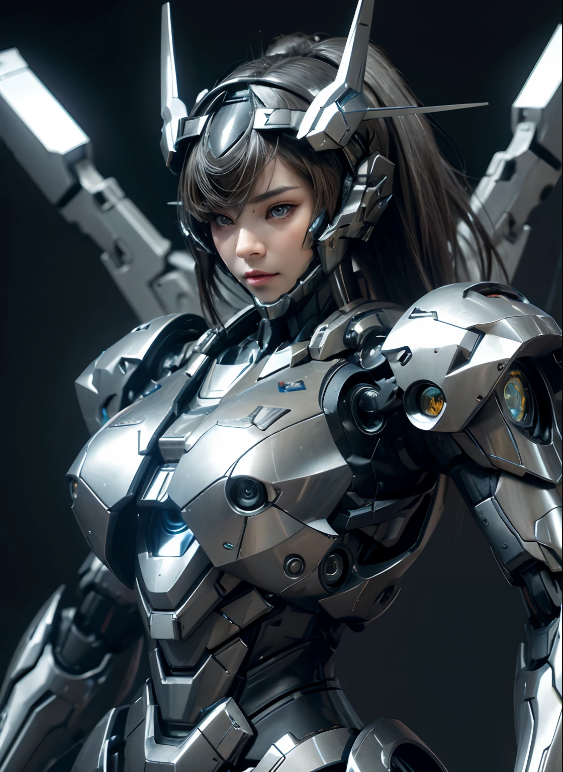 Textured skin, Super Detail, high details, High quality, Best Quality, hight resolution, 1080p, hard disk, Beautiful,(War Machine),(head gear),beautiful cyborg woman,Mecha Cyborg Girl,Battle Mode,Girl with a Mecha Body,She wears a futuristic war machine weapon mech,Fulll body Shot