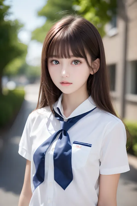 masterpiece, best quality, (a beauty girl:1.3), (16 years old:1.3), very fine eye definition, (symmetrical eyes:1.3), (school uniform, short sleeve, white shirt, neckerchief:1.2), brown eyes, parted bangs, brown hair, delicate girl, (eyes and faces with de...