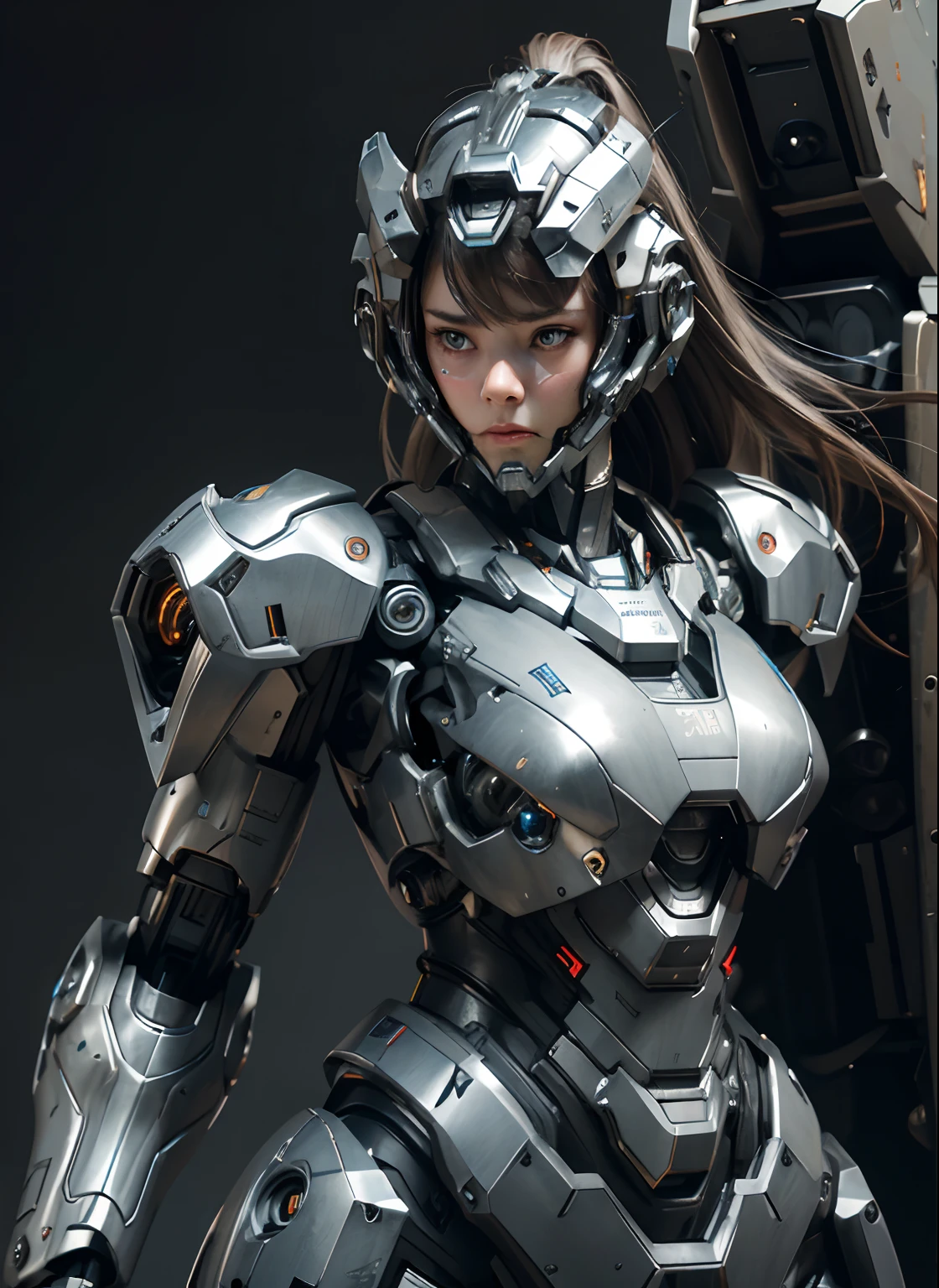 纹理皮肤, 超级细节, 高细节, 高质量, 最好的质量, 高分辨率, 1080p, 硬盘, 美丽的,(战争机器),(头部装备),美丽的机器人女人,机甲机器人女孩,对战模式,机甲少女,她穿着未来派的战争机器武器机甲,全身照,查看正面