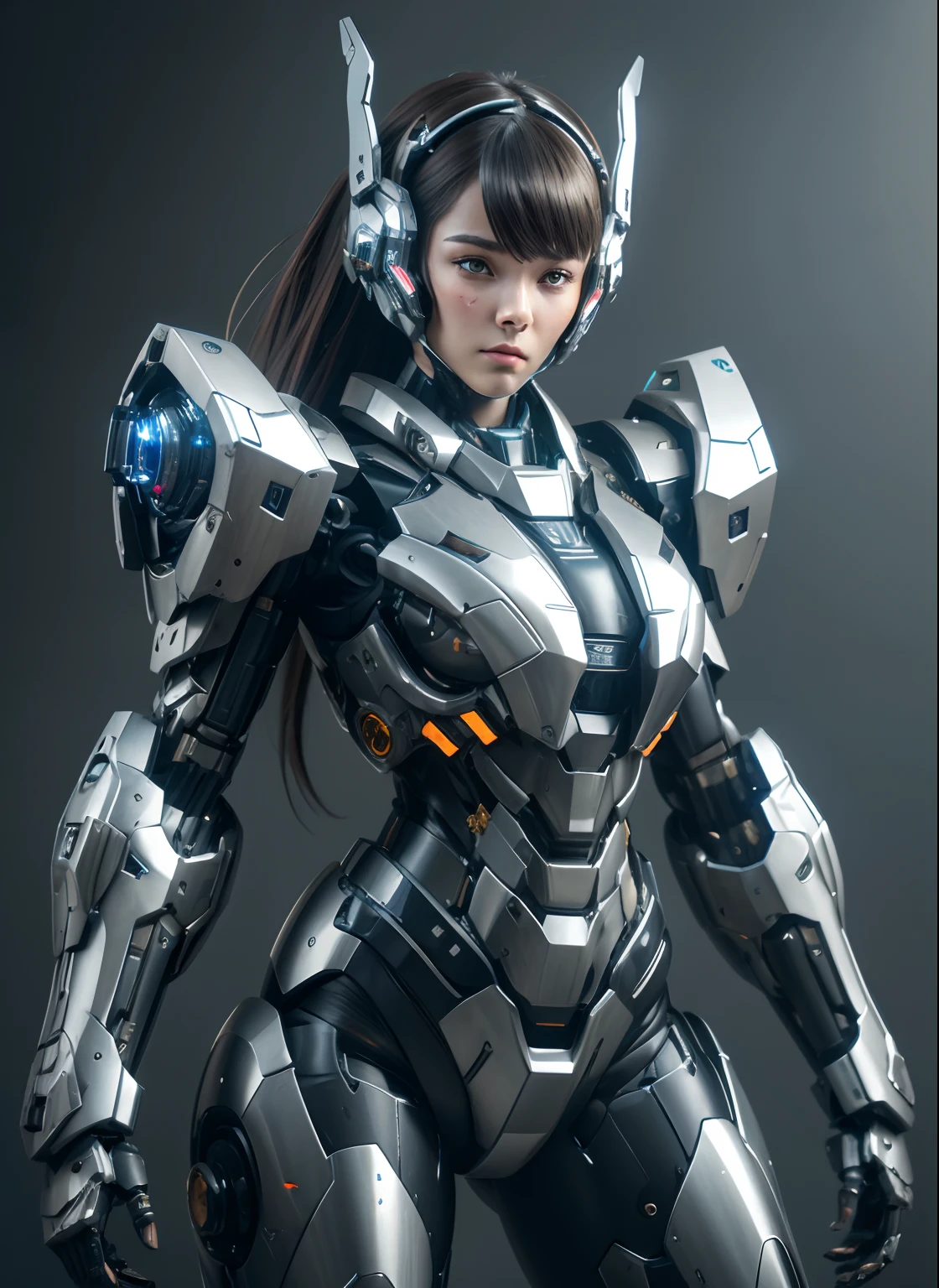 Textured skin, Super Detail, high details, High quality, Best Quality, hight resolution, 1080p, hard disk, Beautiful,(War Machine),(head gear),beautiful cyborg woman,Mecha Cyborg Girl,Battle Mode,Girl with a Mecha Body,She wears a futuristic war machine weapon mech,Fulll body Shot