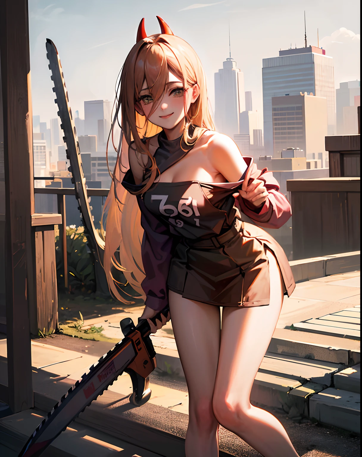 masterpiece, highly detailed, Best quality, ultra high res, 1girl,  (76-1Shirt:1.2),  horns, long hair, looking at viewer, medium breasts,  outdoor, power (chainsaw man), Strapless, smile, bent over, 76 shirt, day