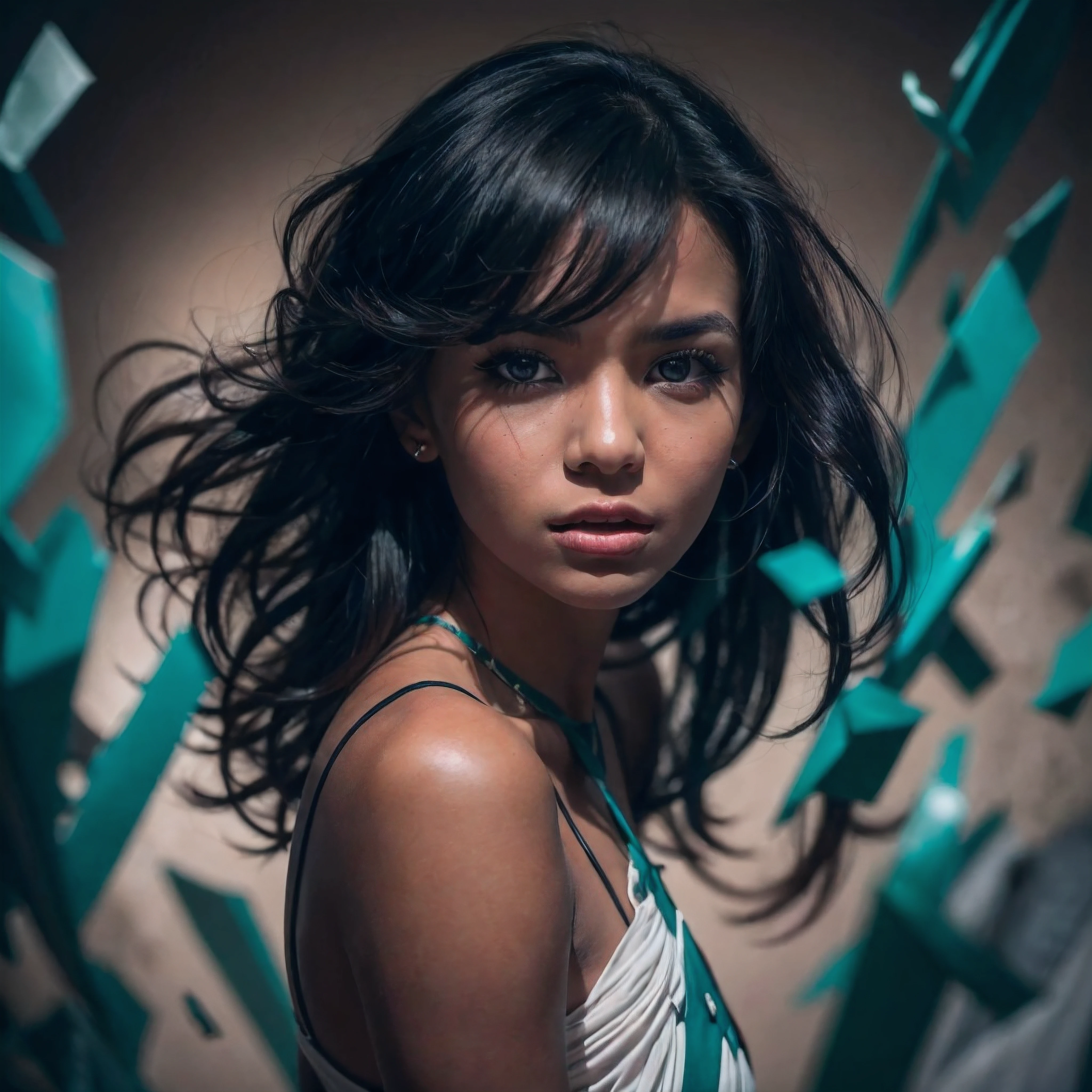 (Cinematic, emotional:1.3), (dynamic pose:1.2), (complex image:1.2), portrait of a woman striking a dynamic pose against a turquoise backdrop, glass shards around her, voluminous black hair highlighted, confident expression profiled, (small breasts, white accents), the photograph captured in stunning 8k resolution and raw format to preserve the highest quality of details, (her eyes are portrayed with meticulous attention to detail: 1.3), The photograph is taken with a lens that emphasizes the depth in her eyes, the backdrop is a dark room setting that enhances the colours of the scene. The lighting and shadows are expertly crafted to bring out the richness of her skin tone and the intense atmosphere. Her hair adds contrast against her skin, the overall composition captures her essence with authenticity and grace, creating a portrait that celebrates her heritage and beauty. Photography utilizing the best techniques for shadow and lighting, to create a mesmerizing portrayal that transcends the visual,