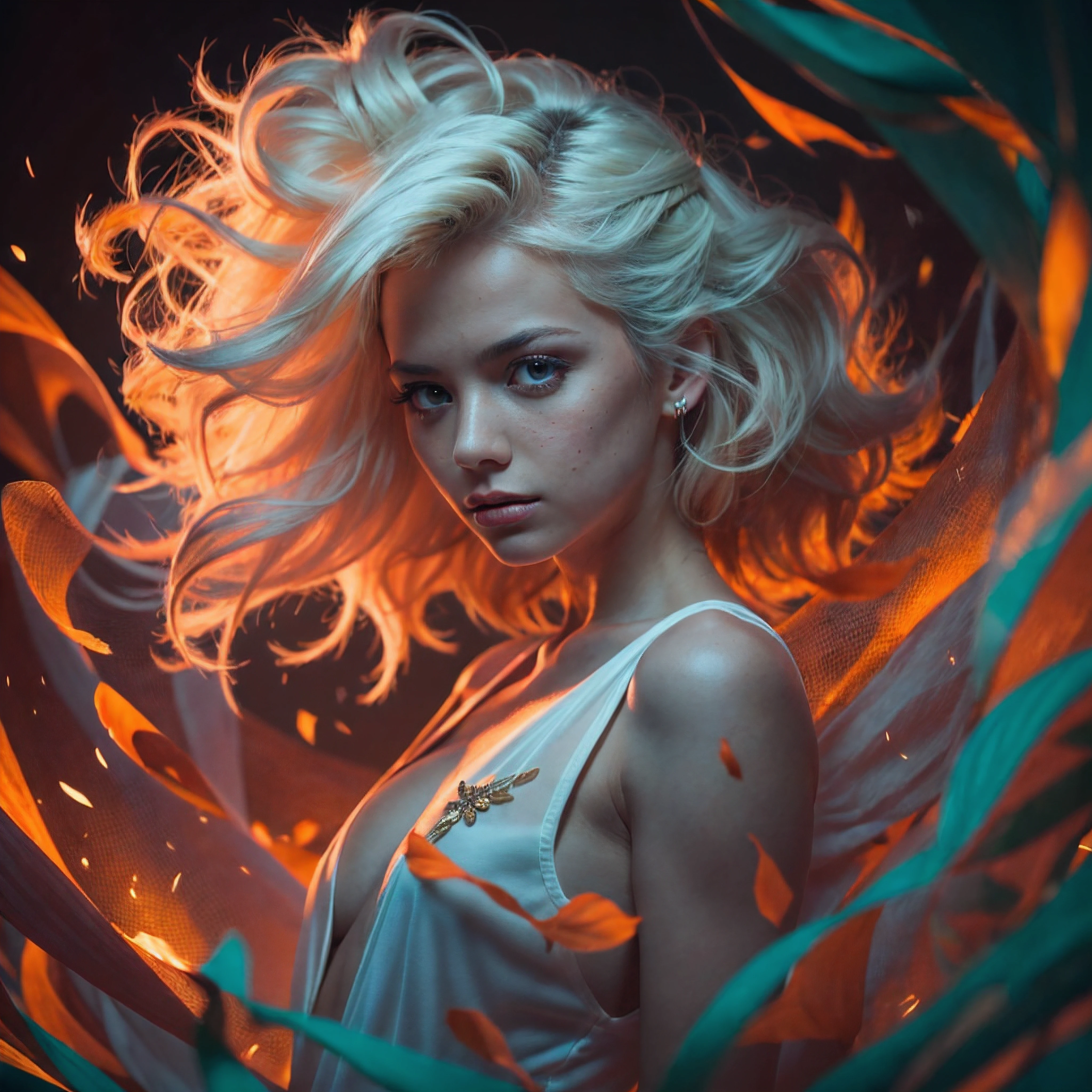 (Cinematic, emotional:1.3), (dynamic pose:1.2), (complex image:1.2), portrait of a woman striking a dynamic pose against a turquoise backdrop, glowing orange particles around her, voluminous white hair highlighted, calm expression profiled, (small breasts, orange accents), freckled skin, the photograph captured in stunning 8k resolution and raw format to preserve the highest quality of details, (her eyes are portrayed with meticulous attention to detail: 1.3), The photograph is taken with a lens that emphasizes the depth in her eyes, the backdrop is a dark room setting that enhances the colours of the scene. The lighting and shadows are expertly crafted to bring out the richness of her skin tone and the intense atmosphere. Her hair adds contrast against her skin, the overall composition captures her essence with authenticity and grace, creating a portrait that celebrates her heritage and beauty. Photography utilizing the best techniques for shadow and lighting, to create a mesmerizing portrayal that transcends the visual,