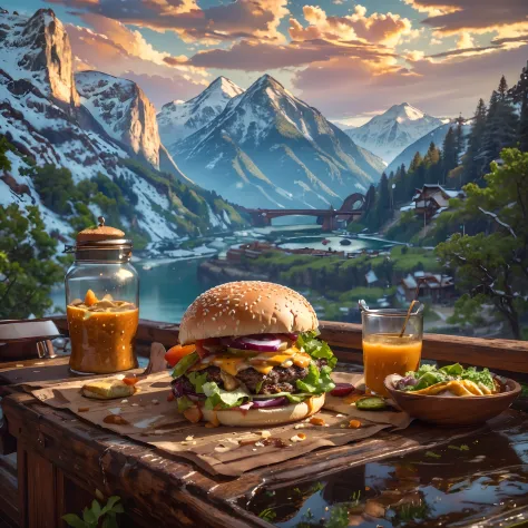 (Masterpiece, Top quality, Best quality, Beautiful and aesthetic:1.2), Extremely detailed, highest details,Close-up of burger se...