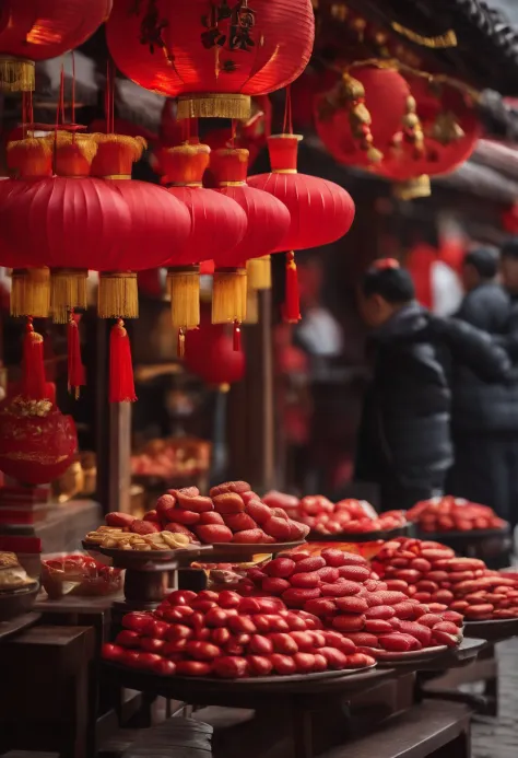 During the Chinese New Year in China，Red firecrackers were hung outside，There was a group of small children eating snacks，At the table，On a stool，Snacks on the table had wick cakes，teas，latte。There were also old men in their fifties and sixties around，Old ...
