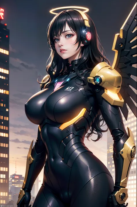 (realistic:1.3), (original:1.2), masterpiece, best quality, a beautiful woman, long wavy hair, black futuristic mech armor, neon halo, mechanical wings, perfect slim fit body, large breasts, skyscraper rooftop, realism, elaborate details, late evening, cyb...