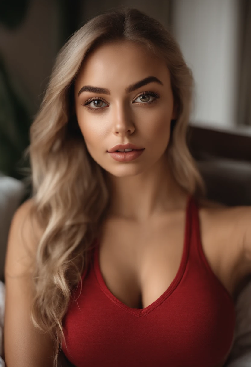 Woman in matching t-shirt and panties, Sexy girl with brown eyes, portrait sophie mudd, Portrait of de Corinne Kopf, blonde hair and large eyes, selfie of a young woman, Make-up without, natural makeup, Look directly into the camera, face with artgram, dezentes Make-up, Excellent full-length photography, in a room, big breastes, blonde, Latina,  breasts exposed, Shirtless shirt