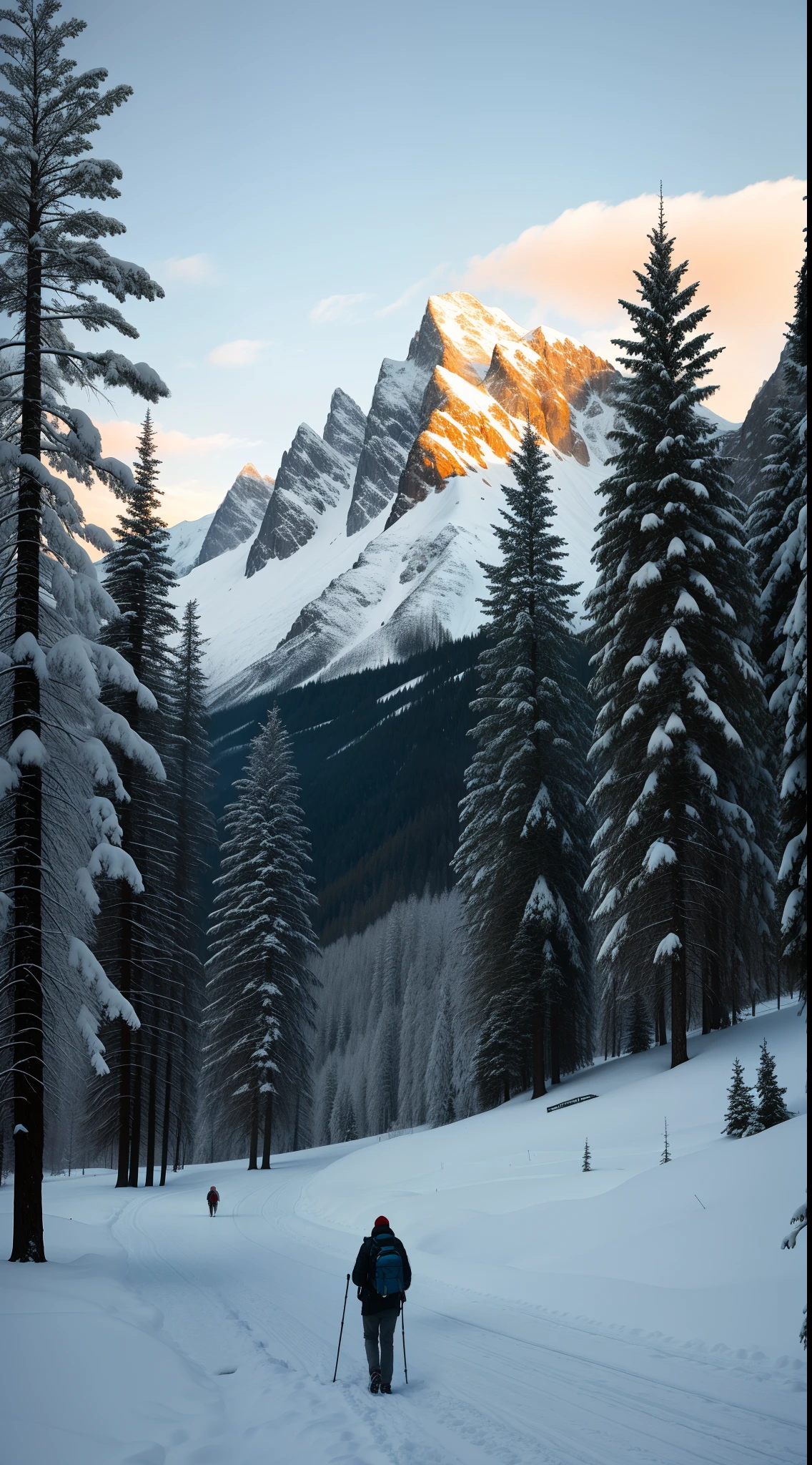 Photos brutes，paysage d&#39;hiver，chaînes de montagnes，les arbres，Il a un peu neigé，Un homme marche avec un sac à dos sur le dos，Personnel en main，8k euh，Reflex numérique，éclairage doux et doux，haute qualité，grain de film，Fujifilm XT3