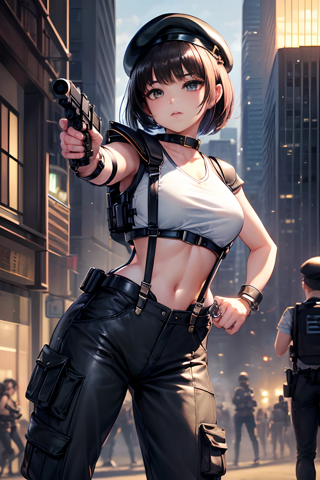 (top-quality、in 8K、32K、​masterpiece、nffsw、超A high resolution、Impresionismo、Photorealsitic:1.2)、独奏、small tit、Lock-on Shots、(She takes aim at her opponent with a detailed pistol with both hands:1.5)、Holding a handgun、Detailed handgun、 detailed faces and eyes、 night cityscape、Dim lighting、police cars、police station、beauitful face、beautiful girl of 20 years old、shiny dark brown hair、short-hair、a short bob、eyes are brown、(Leather suspenders with shoulder armor:1.4)、(Right shoulder police batch 1.4)、shinny skin、(City Police Beret:1.4)、(Attach the walkie-talkie to your waist:1.4)、Tight white t-shirt、Blunt bangs、(City Police Cargo Pants:1.4)、Military boots、(Hip handcuffs:1.4)