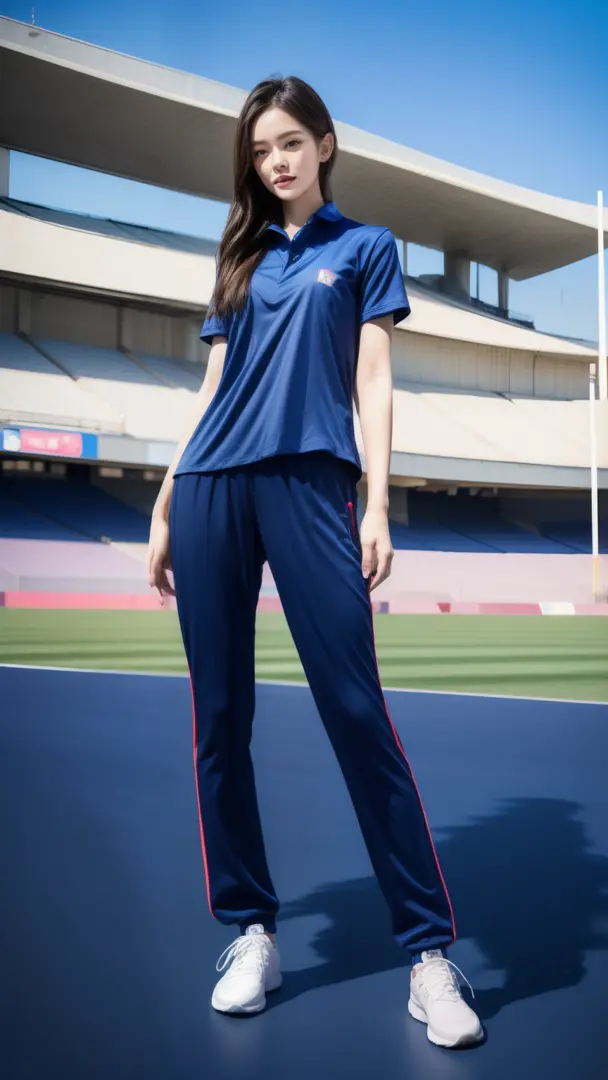 (bestquality,10,10,highres,masterpiece:1.2),ultra-detail,(Realistic,photorealistic portrait,photo-realistic:1.37),1 Cute girl in the football field,oily shiny skin,bara,light smile,BDclothes,((blue shirt:1.3)),short sleeves,shirt, trousers.,(navy_long_Pant...