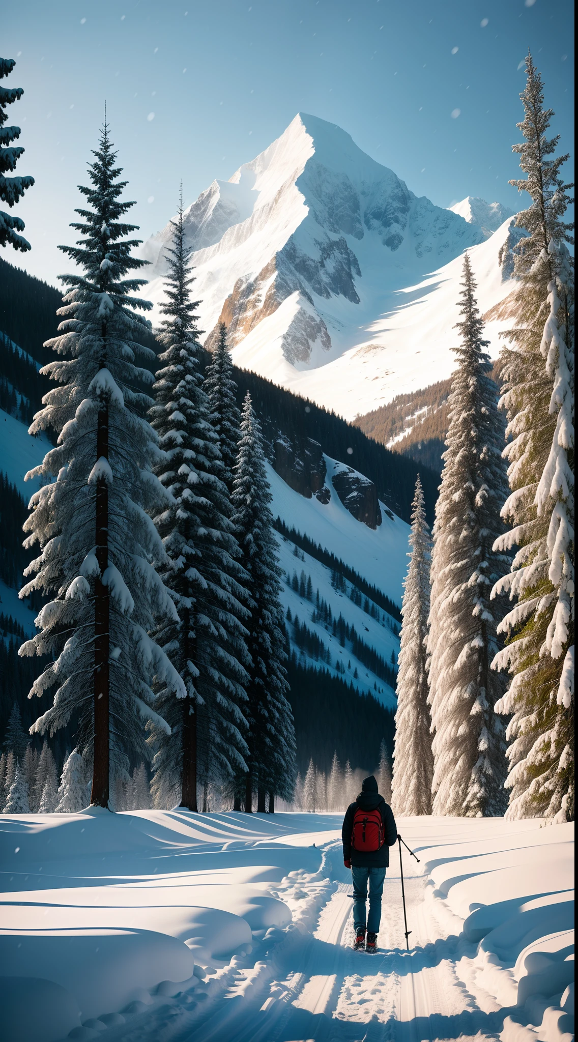 原始照片，冬天的風景，山脈，樹，正在下雪，一個男人背著背包走路，工作人員在手，8K超高清，數位單眼，柔和的燈光，高品質，膠片顆粒，富士XT3