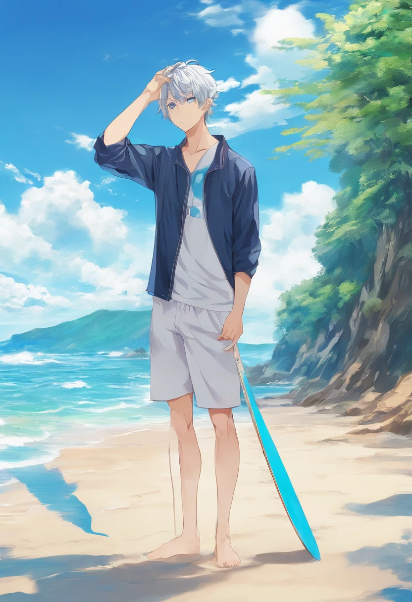 Аниме человек с доской для серфинга на пляже с синей доской для серфинга,  Высокий аниме мужчина с голубыми глазами, аниме красивый парень, Красивая  аниме поза, Цунами позади него - SeaArt AI