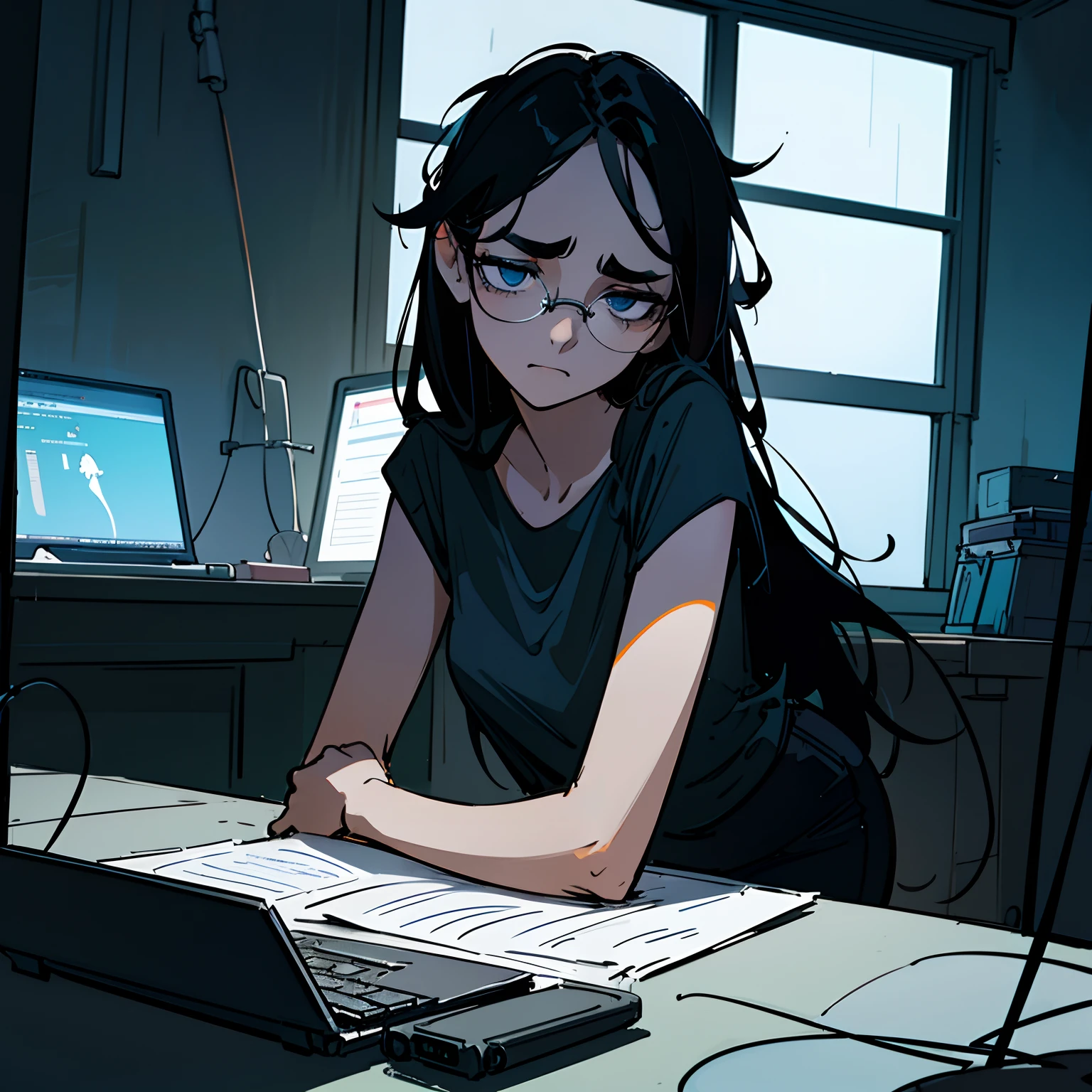 volumetric lighting, ambient lighting, highres, masterpiece, 8k, (dark blue eyes with dark circles), tired, melancholy, depressed, detailed black hair, (messy hair), long hair, disheveled, unwashed, thick eyebrows, black camisole, (wearing glasses), rainy window in background, laptop computer, multiple tangled black electrical cables, led lights, plushie