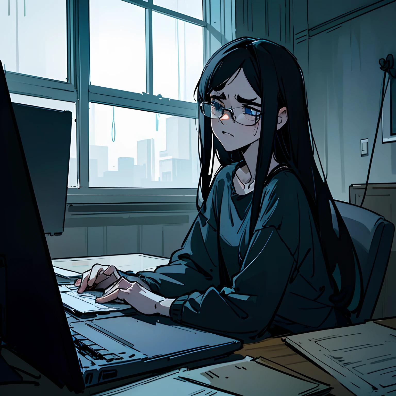 volumetric lighting, ambient lighting, highres, masterpiece, 8k, (dark blue eyes with dark circles), tired, melancholy, depressed, detailed black hair, (messy hair), long hair, disheveled, unwashed, thick eyebrows, black camisole, (wearing glasses), rainy window in background, laptop computer, multiple tangled black electrical cables, led lights, plushie