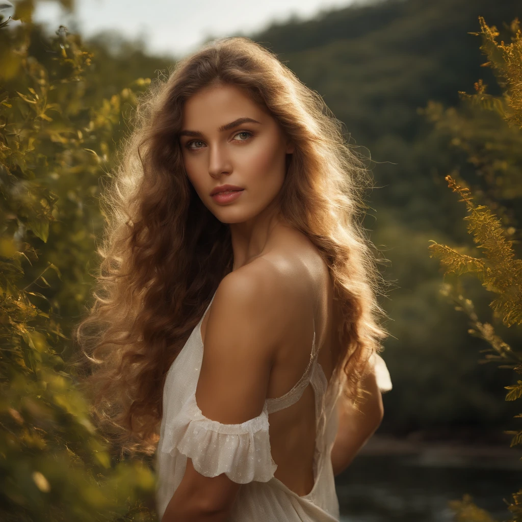 1Young European girl standing by the river on the grass, Trees can be seen in the distance, The girl is 23 years old, She has well-developed musculature, She has expressive dark gray eyes and a small mole on her cheek, The beauty of her European face is accentuated by a golden tan, sweat drops, Long wavy light brown fluffy hair, She wears a white blouse and shorts, She is beautiful, Greece, A hot summer day, 8K UHD, Best Quality, Masterpiece, extra high resolution, (Realism: 1.4), Original Photo, (realistic skin texture: 1.3), (Film grain: 1.3), Realistic lighting, Portrait to the hips, (chromatic aberration), (ray traced), is looking at the camera