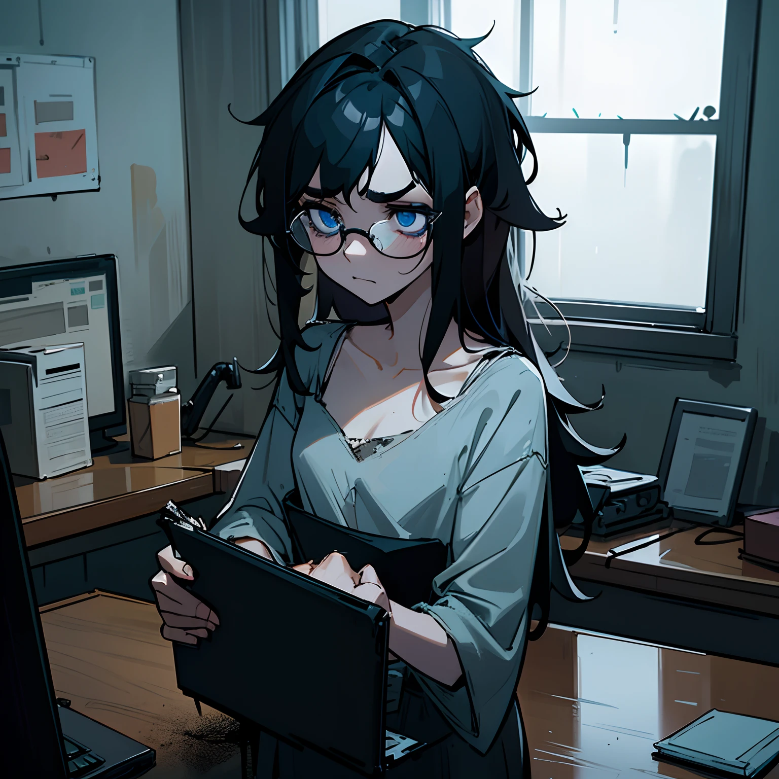 volumetric lighting, ambient lighting, highres, masterpiece, 8k, (dark blue eyes with dark circles), tired, melancholy, depressed, detailed black hair, (messy hair), long greasy hair, disheveled, unwashed, thick eyebrows, worn dirty camisole, (wearing glasses), rainy window in background, laptop computer, multiple tangled black electrical cables, led lights, plushie