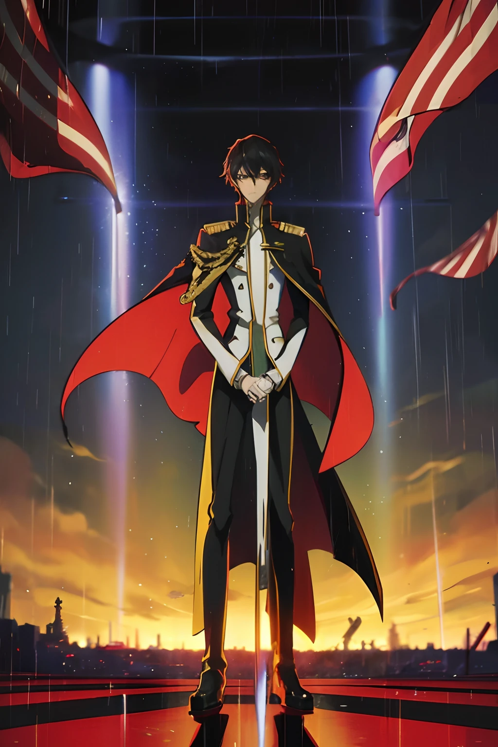 Lelouch arrive, Vue frontale, pleine longueur, Yeux détaillés, Geass, le drapeau britannique est allumé à l&#39;arrière, Il pleut