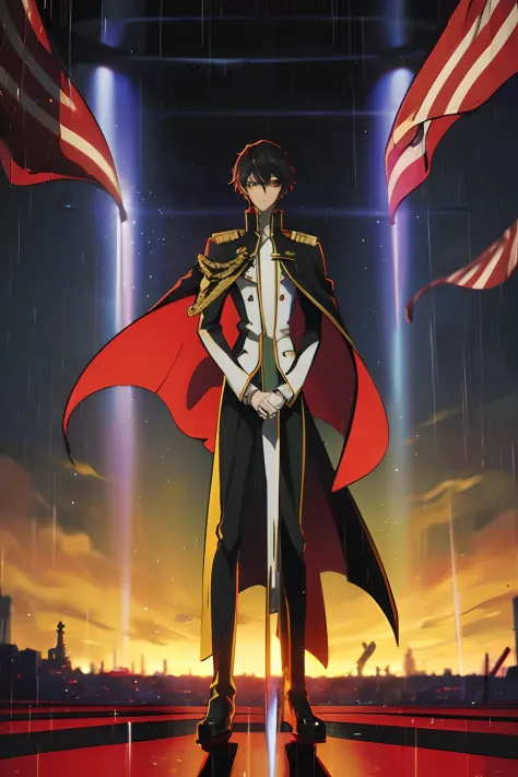 Lelouch is coming, frontal view, full length, Detailed eyes, Geass, the British flag is lit at the back, it's raining