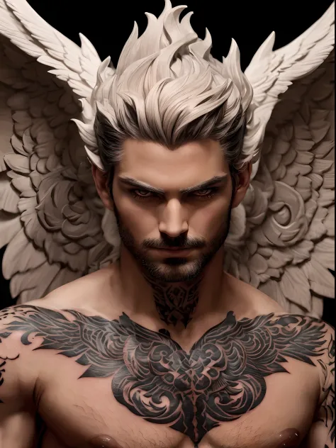 a close-up of lucifer morningstar, prince of hell, the fallen angel, reveals his detailed features and charismatic presence. his...