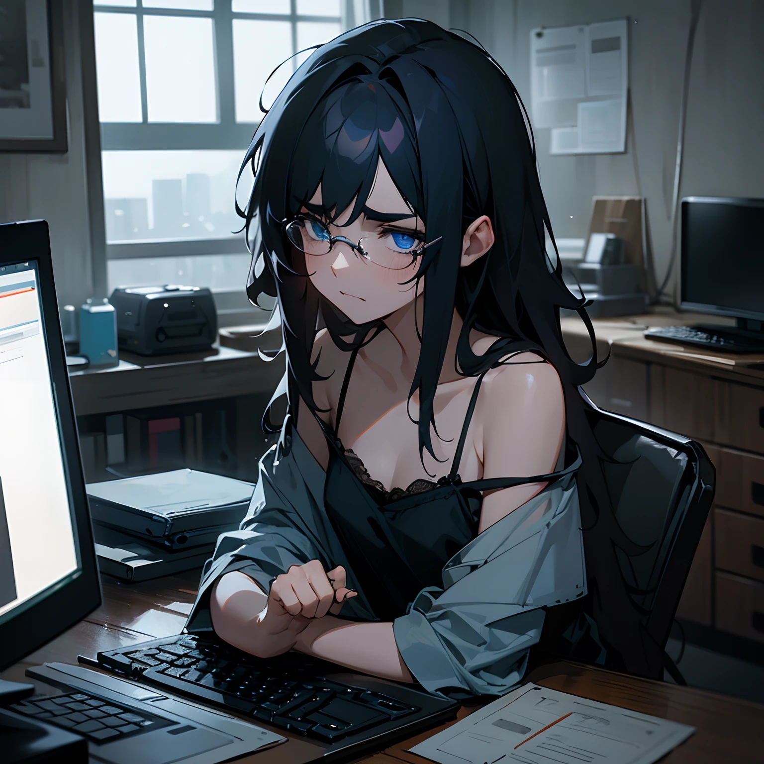 volumetric lighting, ambient lighting, highres, masterpiece, 8k, (dark blue eyes with dark circles), tired, melancholy, depressed, detailed black hair, (messy hair), long greasy hair, disheveled, unwashed, thick eyebrows, worn dirty camisole, (wearing glasses), rainy window in background, laptop computer, multiple tangled black electrical cables, led lights, plushie