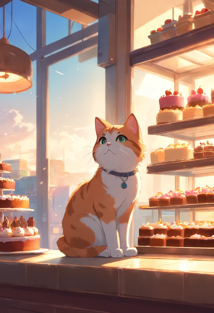 A round-eyed cute cat, At the cake shop , Sunlight outside the window.