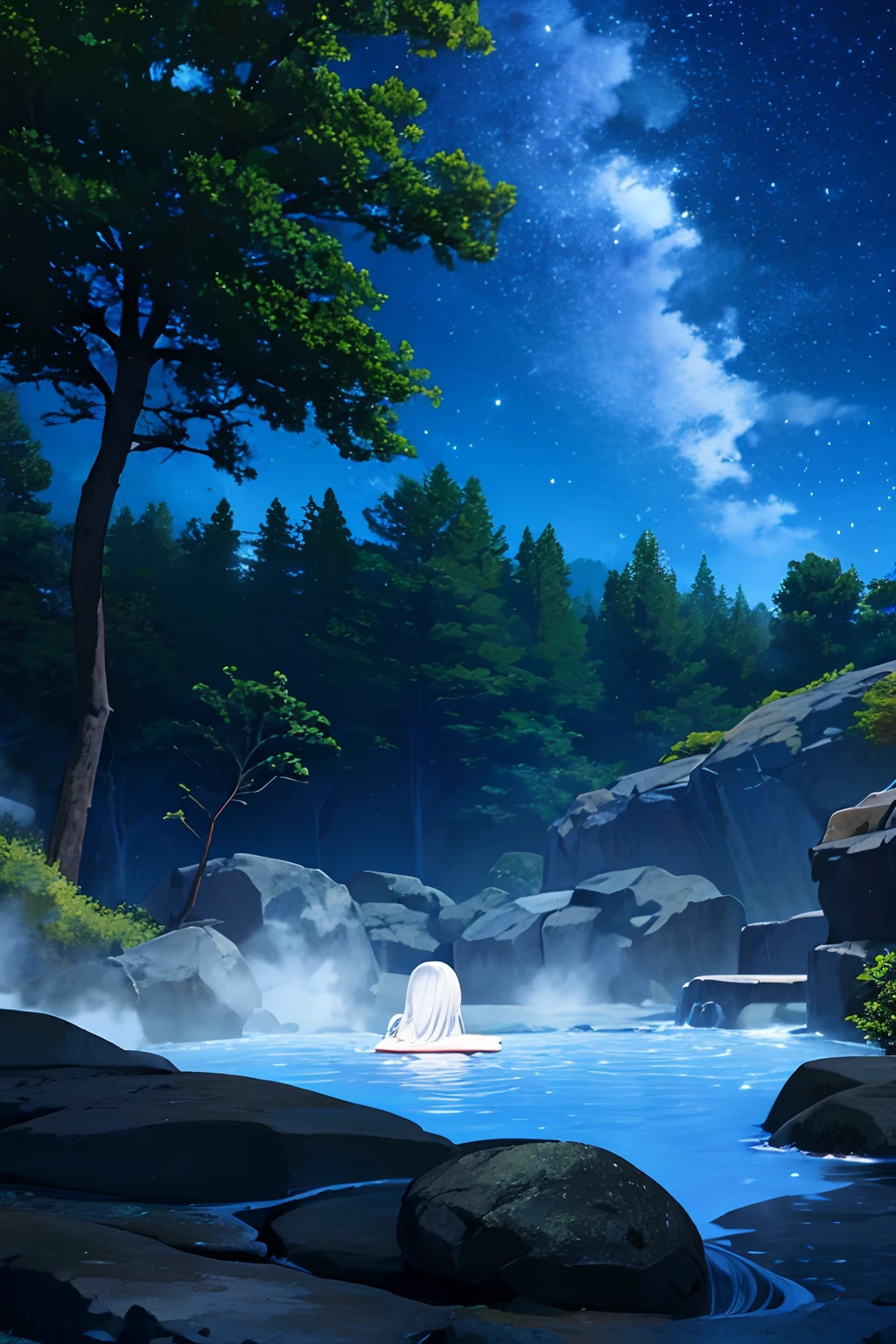 {high quality}, 1girl, white hair, {bathrobe}, {stone bath}, {hot spring}, {open-air bath}, view from below, {steam}, {stars shine}, tree behind, rock behind, fluorite,