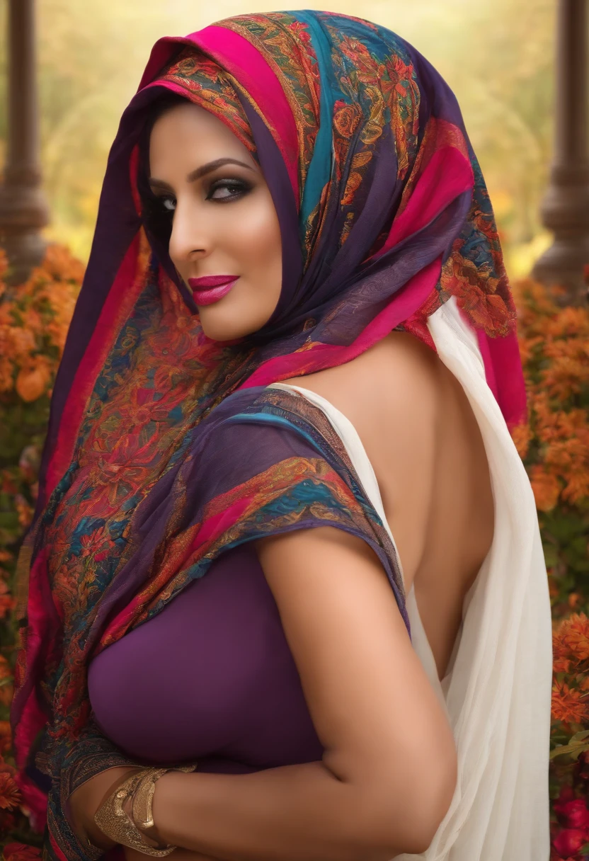 A woman in a colorful scarf is posing for a picture - SeaArt AI