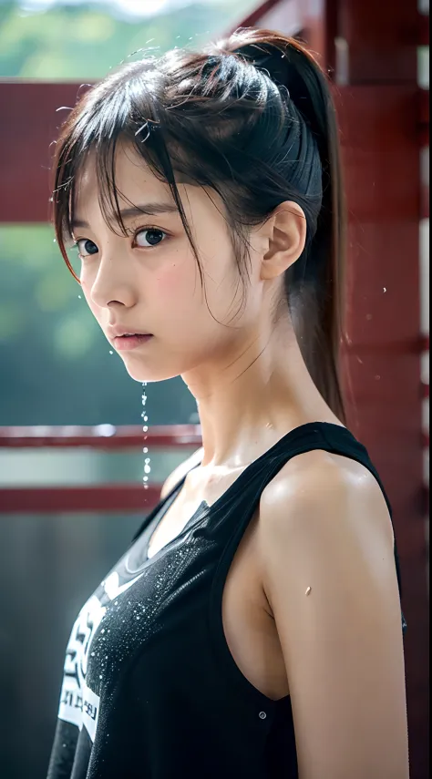 One lady,12year old,japanes,,Upper body portrait,A dark-haired,Beautiful ponytail,Wet with sweat,Serious look,Clothes are wet,