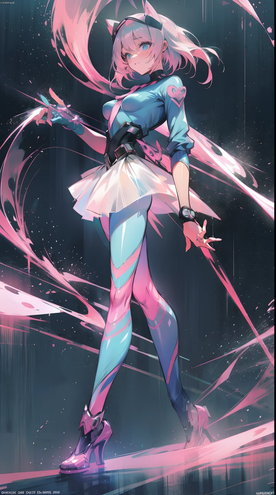 a beautiful young woman looks like kelly sue deconnick  in blue and pink, tattoo, kawaii, , light pink and dark amber, Yusuke Murata