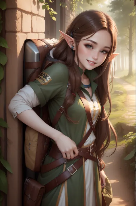 ((best quality))) (((HD))) (((8k))) (character) 20-year-old girl, ((adventurous)) elf, ((beautiful)) and ((happy)), ((brown hair...