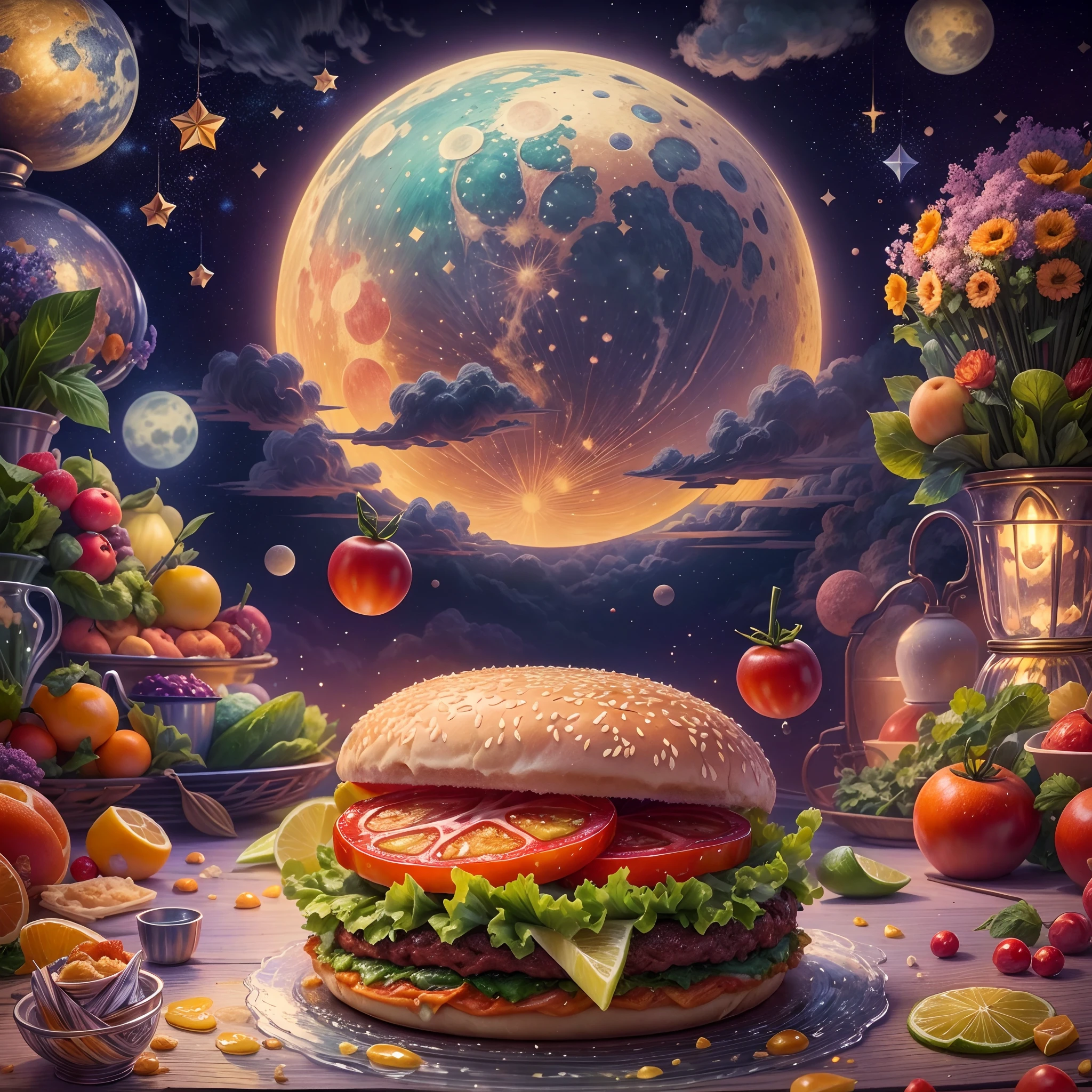 (tmasterpiece),（ultra - detailed：1.3），best qualtiy，（glittery:1.2），（dreamworld:1.4），(Van Gogh-style fruit burger: 1.5),（The moon is empty），Delicious superfruit burger，Tomates, lettuce, ketchup, Cheese splashes, Hamburg style, and other decorations, Fantasy world, Cute cartoon design style, the night，Skysky，moon full，NOhumans，vibrant with colors，brightly，1.4x realism，hyper HD，It is displayed in this beautiful scene，（The is very detailed，reasonable design，Clear lines，High- sharpness，tmasterpiece，offcial art，movie light effect，8K）