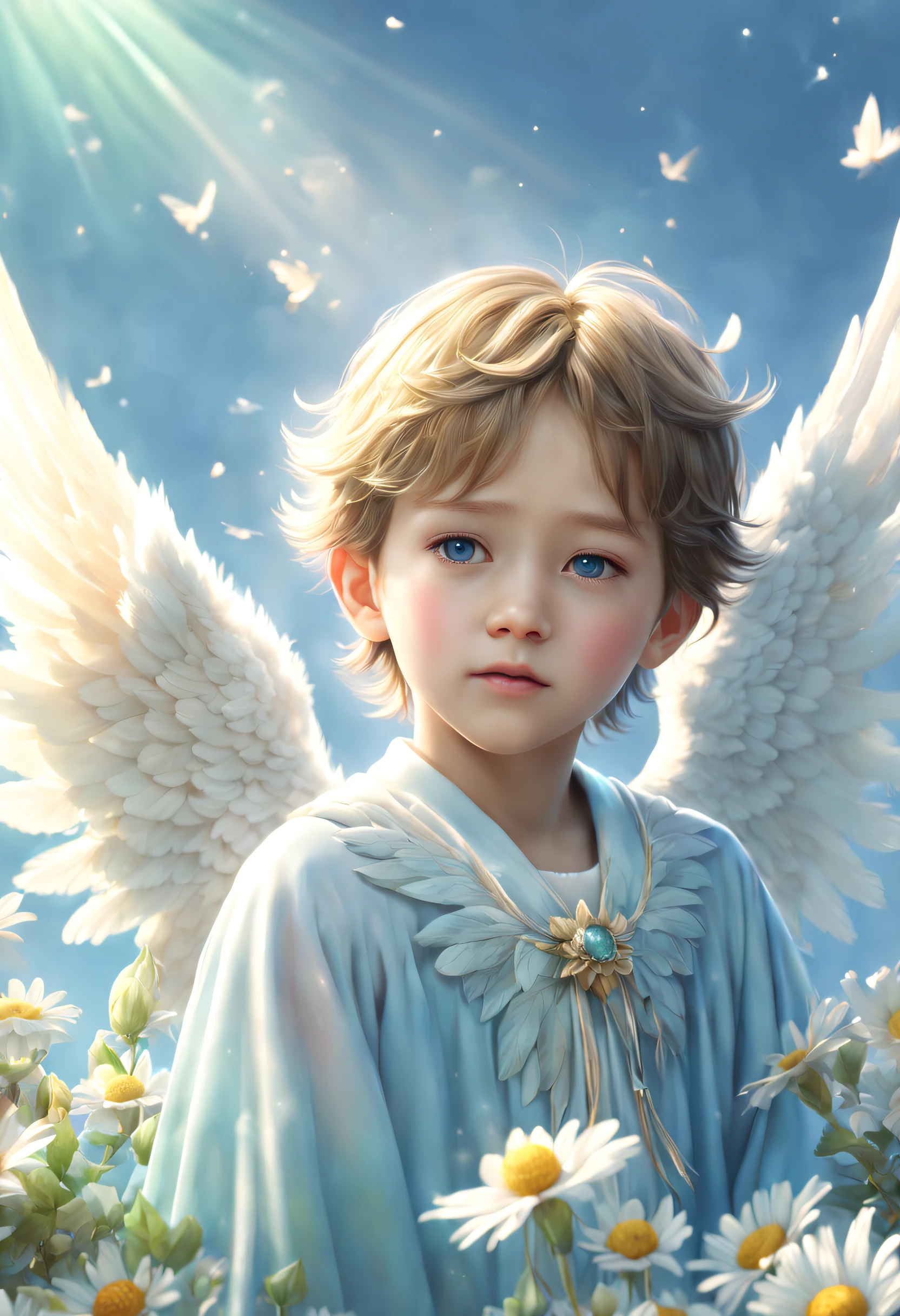 (best quality,4k,8k,highres,masterpiece:1.2),ultra-detailed,(realistic,photorealistic,photo-realistic:1.37),The boy is a beautiful angel、Hair is blue、Western-style face、Gracefully spreading wings。He closed his eyes、I feel a quiet peace、Feathers glow、Fantastic and floral stars spread around、Soft light is coming in from there.....、Gradient of gentle blue and gentle green on background、Angels in the sky look beautiful。