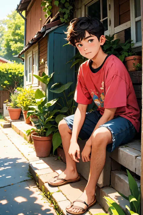 a young 15 y.o boy sitting on the step in front of their house, afternoon scene,curious exploration, natural surrounding,intrica...