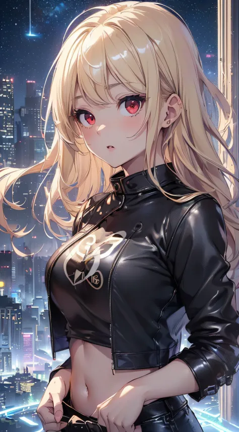 top-quality、Top image quality、​masterpiece、girl with((cute little、18year old、Best Bust、Medium bust、Bust 85,Red eyes to issue、Breasts wide open,Valley、Blonde long hair、A slender、Black Navel T-Shirt、Black leather jacket、White pants、astonished face、）hiquality...