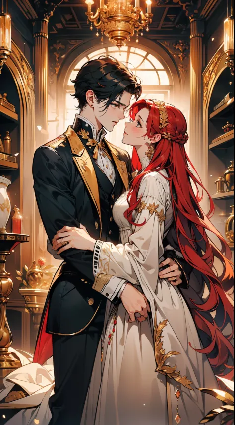 ((masterpieces)), best quality, exceptional illustration, a couple kissing, soft focus, 1 boy with short black hair, BLUE EYES, 1 girl with long wavy red hair, GOLDEN YELLOW EYES, Victorian clothing, Victorian romanticism, opulent and exquisite atmosphere,...