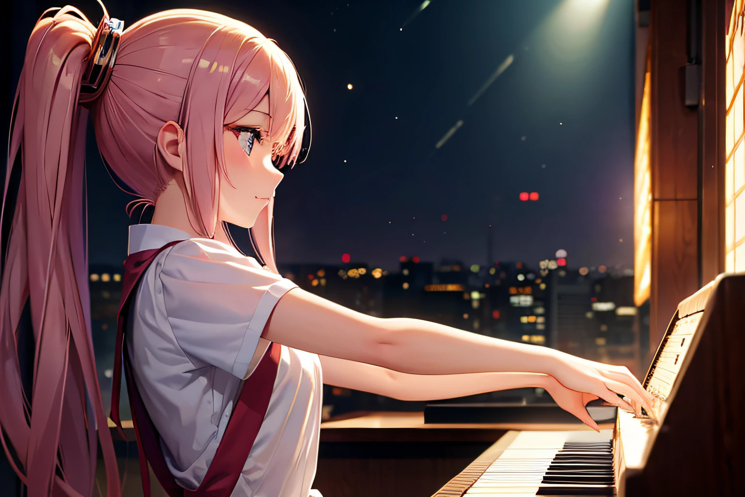 バーでピアノを弾くアニメの女の子, 光の粒子, 傑作 - SeaArt AI