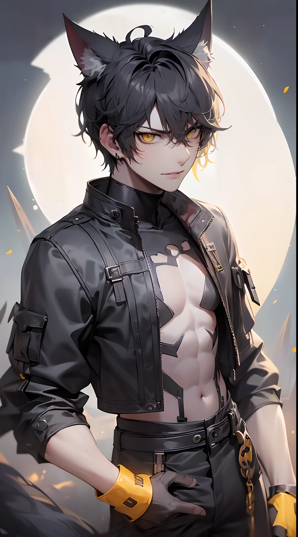 Anime guy with a cat ears and a leather jacket - SeaArt AI