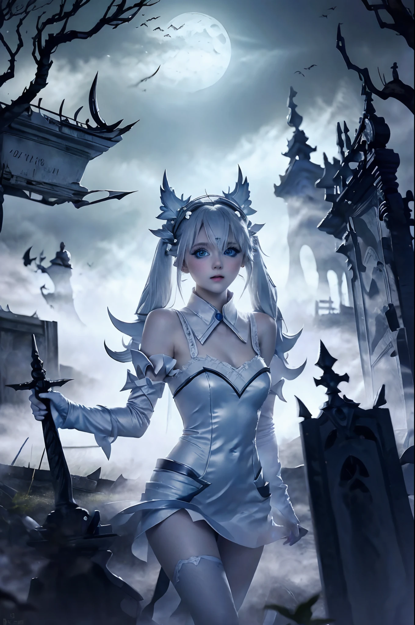 (masterpiece) (high quality, extra detailed, 4k) create a cosplay girl dressed as ghost, white hair, pale skin, big blue eyes, delicate face, halloween inspired costume, anime cosplay, beautifull, halloween scenery, background is cemetery, at night, brume, fog, low light, bats flying at distance, she is looking for her soulmate who died, girl is very beautifull, delicate face, big bright blue eyes, pretty lips, delicate nose, she is in center of image, focus on her face