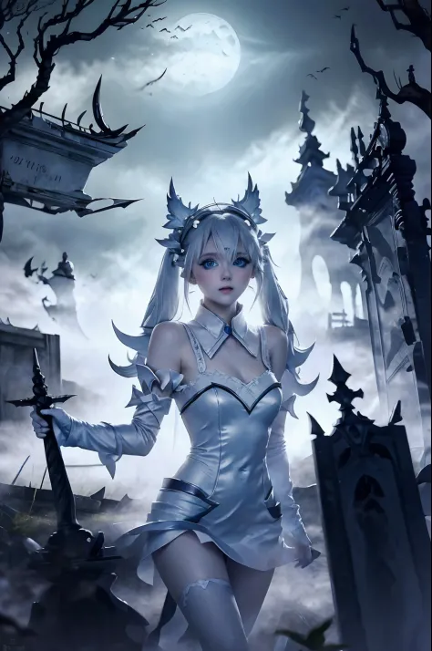 (masterpiece) (high quality, extra detailed, 4k) create a cosplay girl dressed as ghost, white hair, pale skin, big blue eyes, d...