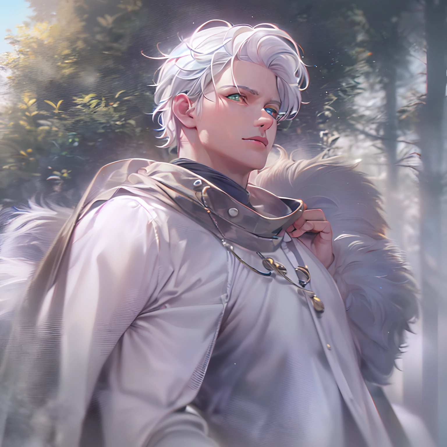 "(best quality,4k,8k,highres,masterpiece:1.2),ultra-detailed,(realistic,photorealistic,photo-realistic:1.37),white hair, short hair, hair between eyes, green eyes, colored eyelashes, male"