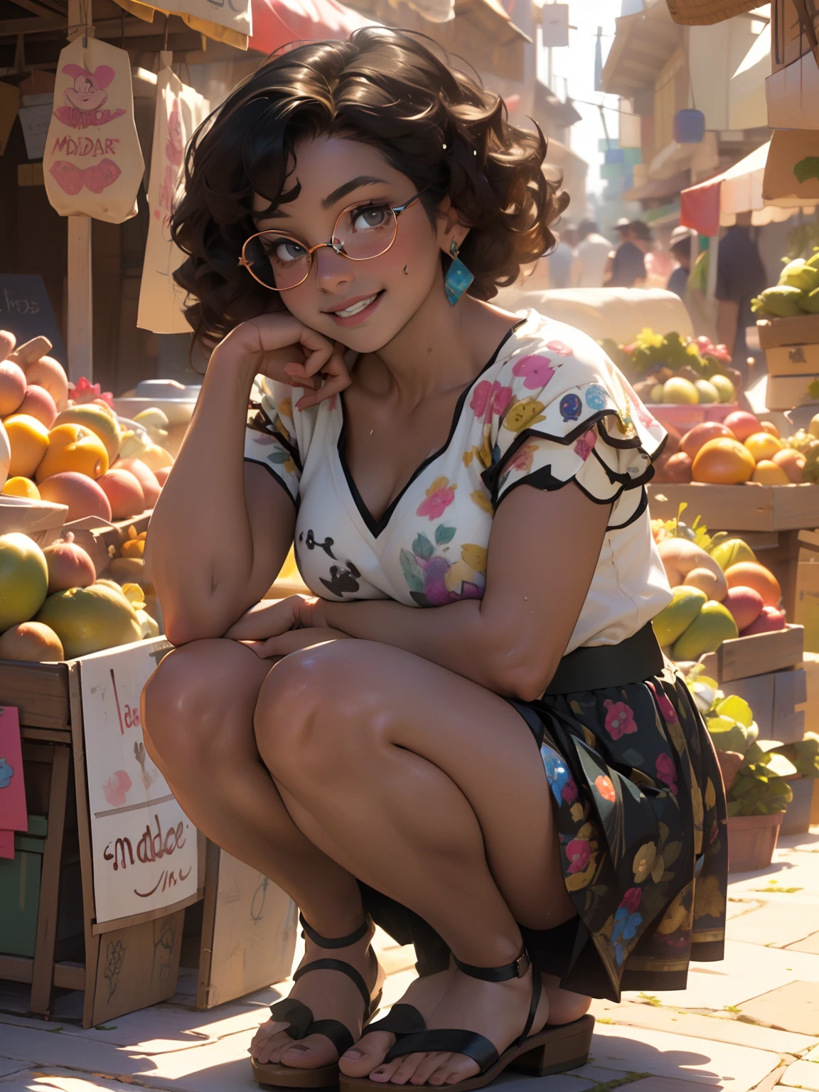 (((Mirabel Madrigal from Disney's Enchanto))),  perfect hands, perfect face, seductive smile, perfect legs, perfect skin, sweaty body, toned skin, (((market background))), ((squatting)), ((skirt))