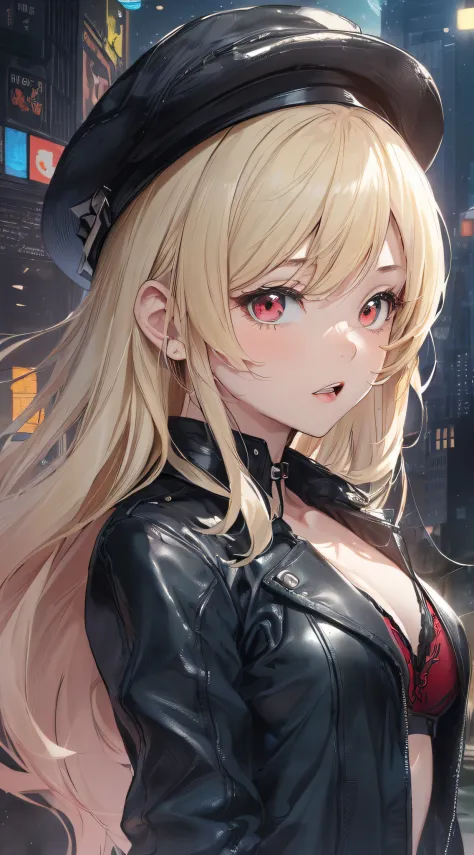 top-quality、Top image quality、​masterpiece、girl with((cute little、18year old、Best Bust、Medium bust、Bust 85,Red eyes to issue、Breasts wide open,Valley、Blonde long hair、A slender、Black leather bra、Black leather jacket、White pants、astonished face、Black leathe...