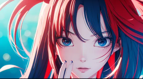 Menina anime com cabelo azul e colete vermelho com olhos azuis, estilo anime 4K, Anime Art Wallpaper 8K, arte de anime digital d...