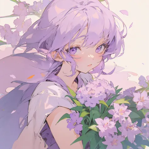 Anime girl with purple hair holding a bouquet of purple flowers，Anime style portrait,