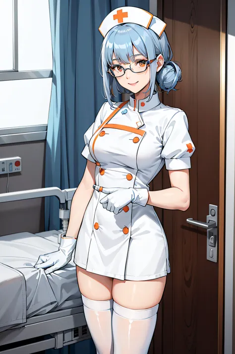 1girl, solo, nurse, nurse cap, white wear, ((white legwear, zettai ryouiki)), white gloves, glasses, blue hair, orange eyes, smi...