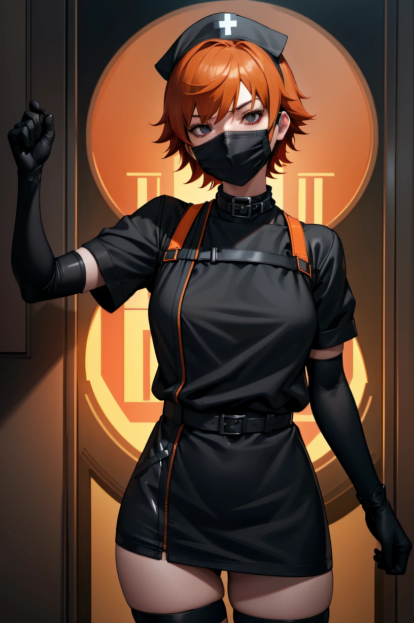 black nurse, 1girl, solo, black nurse cap, black wear, ((black legwear, zettai ryouiki)), black elbow gloves, very short hair, orange hair, ((black surgical mask, covered nose)), standing, ((surgery room)), sharp outline, short sleeves, tomboy, boyish, best quality, masterpiece